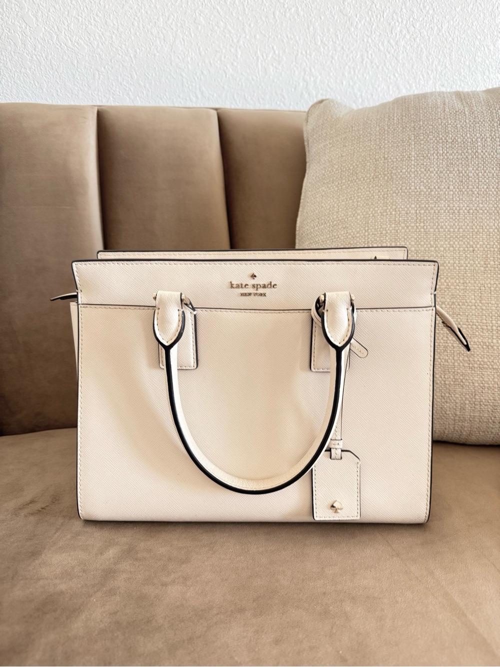 kate spade Cream Saffiano Leather Top-Handle Crossbody Bag with long strap